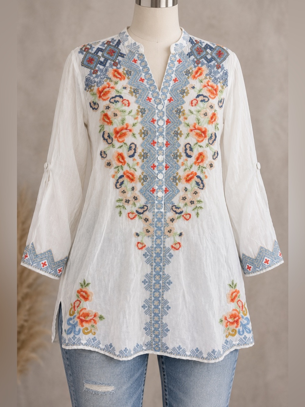 Johnny Was Harlow Embroidered Tunic Top White XS Oversized
